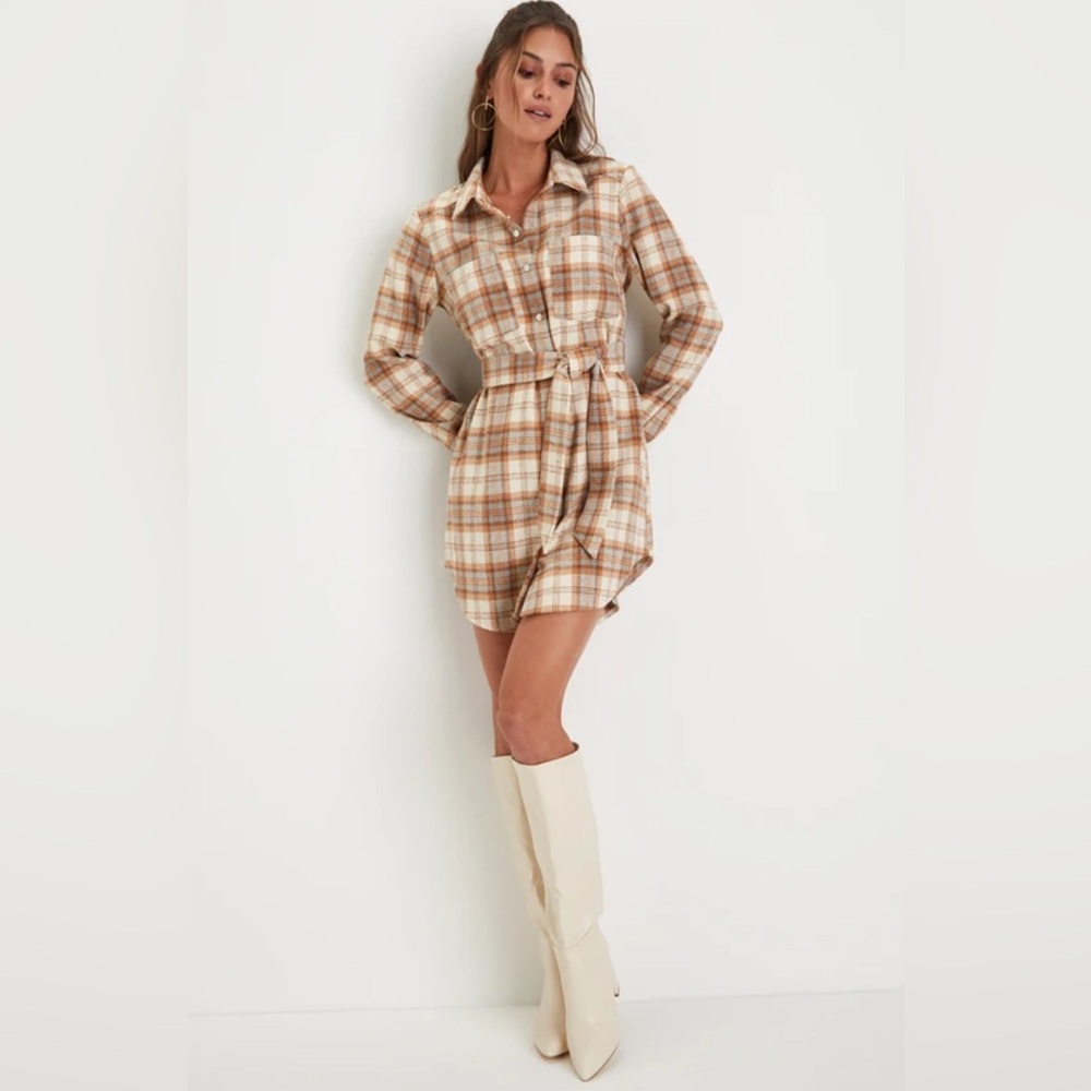Lulu's Tan and Cream Plaid Long Sleeve Shirt Dress